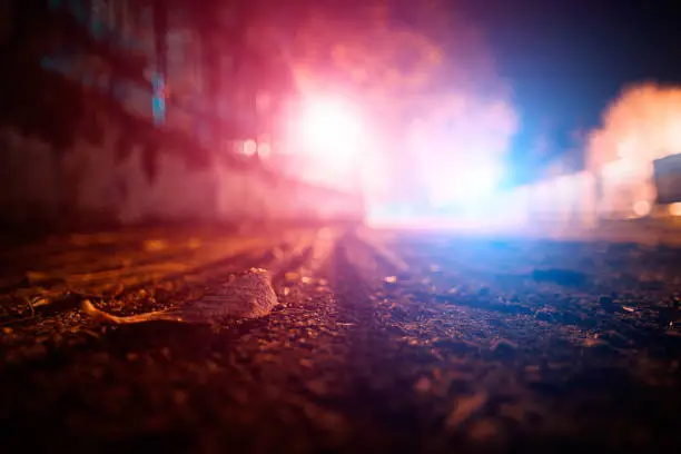 Photo of Autumn leaf on the road surface with blue and red police lights in the background