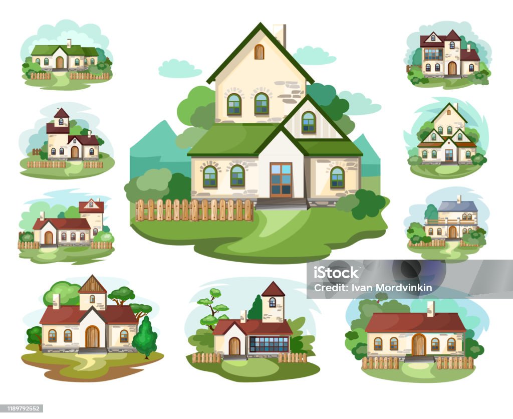 The house set is fabulous, cartoon. Village cottage. House in the forest. Holiday. Cottage, cottage. A cozy house. Two-storey house with an attic. For the family. Vector Illustration. Isolated object - Royalty-free Família arte vetorial