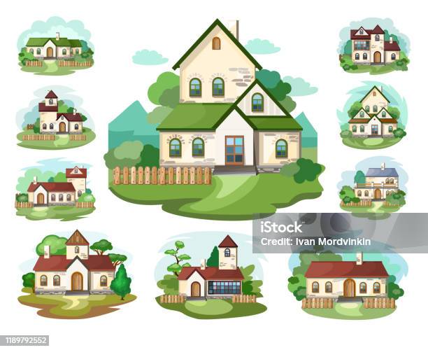 The House Set Is Fabulous Cartoon Village Cottage House In The Forest Holiday Cottage Cottage A Cozy House Twostorey House With An Attic For The Family Vector Illustration Isolated Object - Arte vetorial de stock e mais imagens de Família