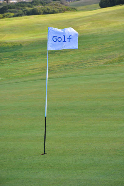 golf course detail with the white flag in front - golf ball spring cloud sun imagens e fotografias de stock