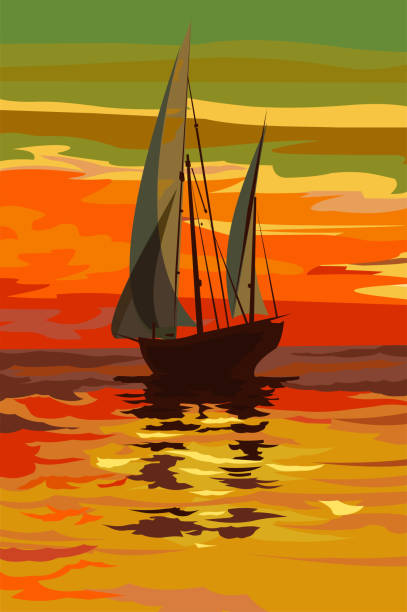 see, bucht am morgen. schiff. ein boot mit segeln. sonnenuntergang oder sonnenaufgang. nebel. wasser, reflektion eines segelbootes, himmel. ozean, meer oder fluss. wasserlandschaft. rote, gelbe, orange wolken und wellen. vektor. - silhouette nautical vessel sea morning stock-grafiken, -clipart, -cartoons und -symbole