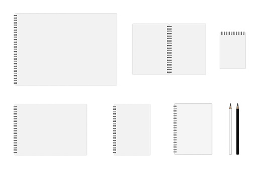 Vector set of notebook mockup (formats: A3, A4, A5, A6), hardcover notebook, pencils. EPS 10