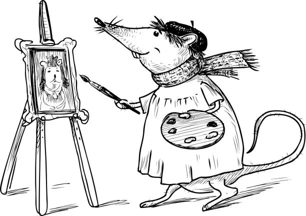 Vector illustration of Sketch of cartoon rat artist with palette and brush standing for easel and painting self portrait