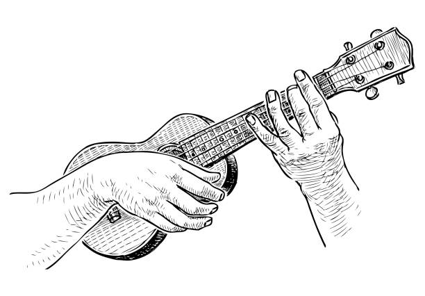 Sketch of man hands playing the ukulele Freehand drawing of human hands playing the hawaii guitar. ukulele stock illustrations