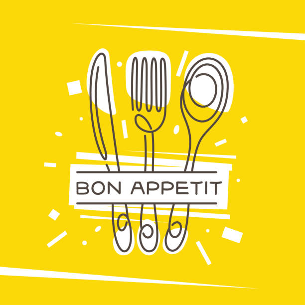 Bon Appetit kitchen monoline style poster. Vector illustration. Bon Appetit kitchen monoline style poster. Fork knife spoon stylized creative drawing on fancy yellow background. Cooking related wall art print design decoration. Vector vintage illustration. cooking patterns stock illustrations