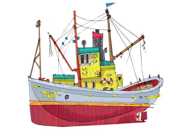 rocznika diesel fishboa - fishing industry fishing nautical vessel buoy stock illustrations