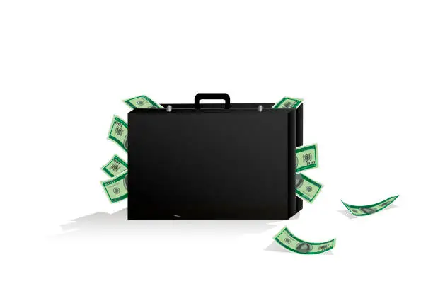 Vector illustration of suitcase with a lot of money, isolated on a white background horizontal vector illustration