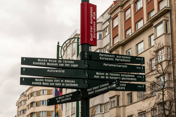 BRUSSELS, BELGIUM - JANUARY 3, 2019: Road sign to European governmental building in Brussels on January 3, 2019.