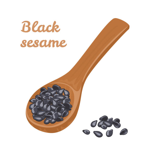 ilustrações de stock, clip art, desenhos animados e ícones de black sesame in wooden spoon isolated on white background. vector illustration of heap of seeds in cartoon flat style. - sesame