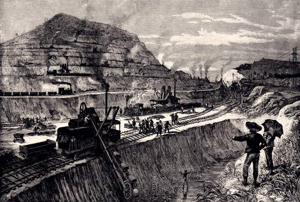 резка канала в панаме (xxxl) - огромные smoky горы stock illustrations