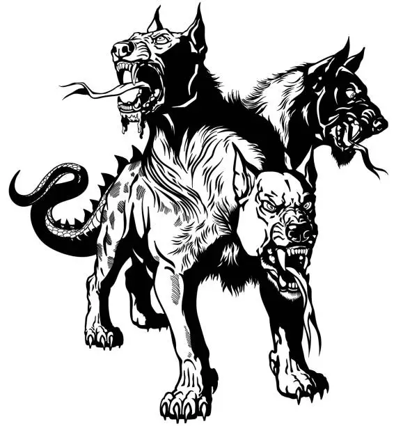 Vector illustration of Cerberus Hell hound Black and white