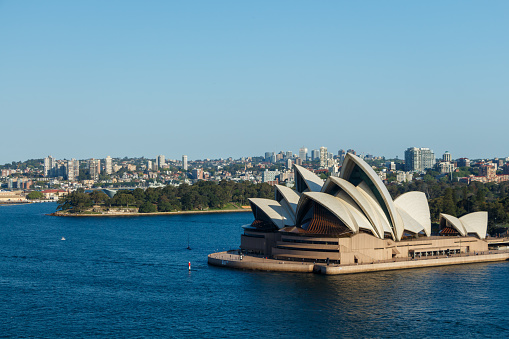 Sydney Opera House seen from Sydney Harbour Bridge on a sunny day