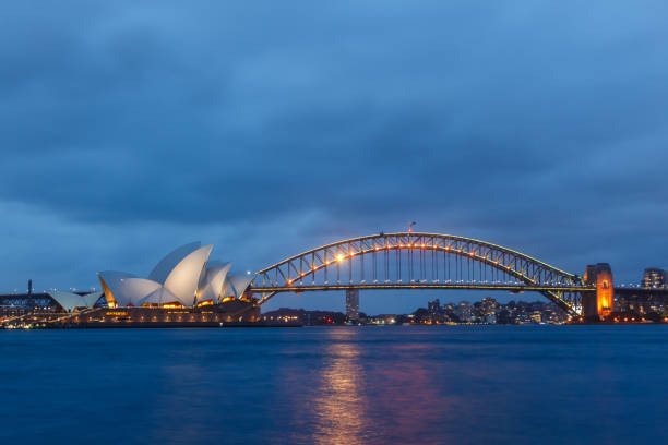 Sydney, Australia - June 29, 2018: Dusk view of Sydney Opera House in front of Sydney Harbour Bridge.