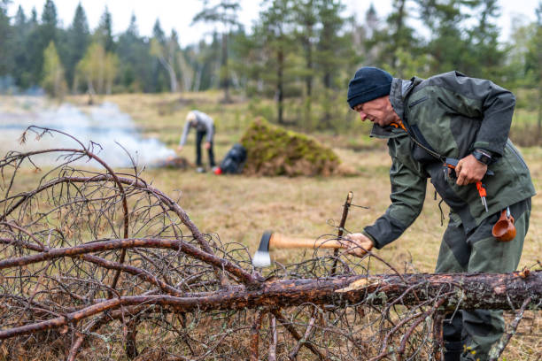 istock Man cutting wood from a fallen tree for a campfire 1189807463