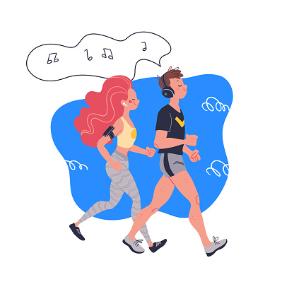 Boy and girl listening to music and jogging in headphones isolated. Flat cartoon style. Vector illustration.