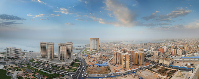 a panoramic view of the Libyan Capital Tripoli from a hight angle, where the most known buildings could be seen.