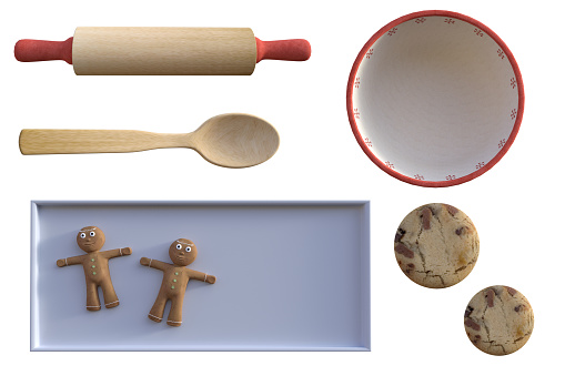 Set of baking elements and a pair of gingerbread men on a baking tray isolated on white, 3d render.