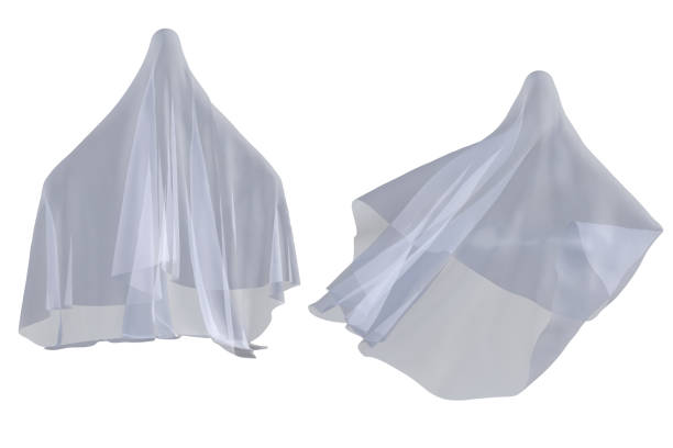 istock Pair of spooky sheet ghosts isolated on white, 3d render. 1189811435