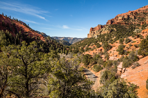On a narrow winding road, a silver SUV drives through a green forest with orange and red rock cliffs and hoodoo towers in the Southern Utah desert.