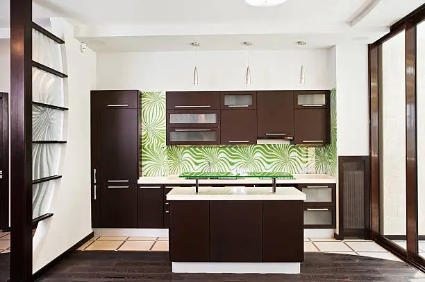 Photo of Modern kitchen interior with dark Wooden floor