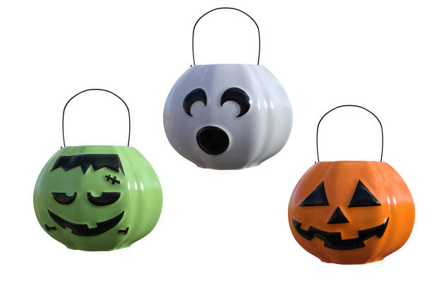 Set of Halloween candy buckets isolated on white, 3d render. Set of Halloween candy buckets isolated on white, 3d render. katt halloween stock pictures, royalty-free photos & images
