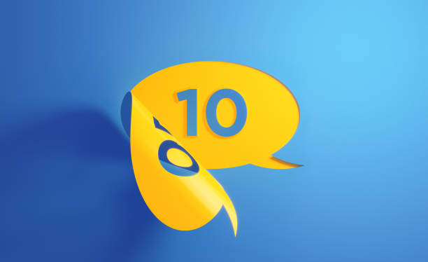 Yellow chat bubble with number ten on blue background. Number ten writes on the chat bubble. Horizontal composition with copy space.