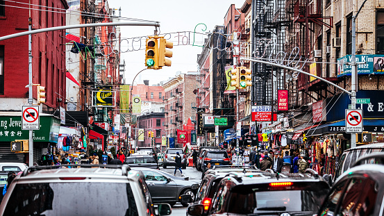 Busy streets of Chinatown district in New York City, USA