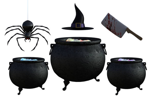 Set of spooky halloween items isolated on white, 3d render. Set of spooky halloween items isolated on white, 3d render. katt halloween stock pictures, royalty-free photos & images