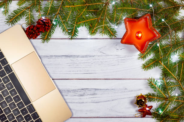 istock wooden desk with laptop and objects for mock up template design 1189819214