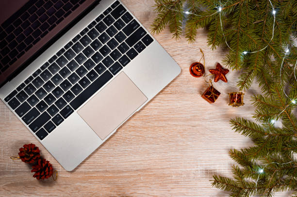 istock wooden desk with laptop and objects for mock up template design 1189819234