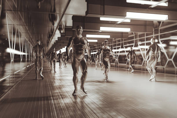 istock Futuristic muscular cyborgs walking in the corridor 1189820361