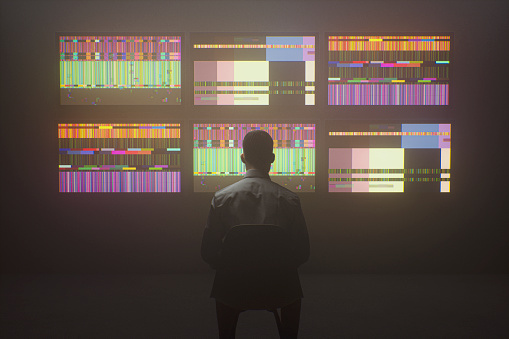 Man watching multiple TV sets at the same time. This is entirely 3D generated image.