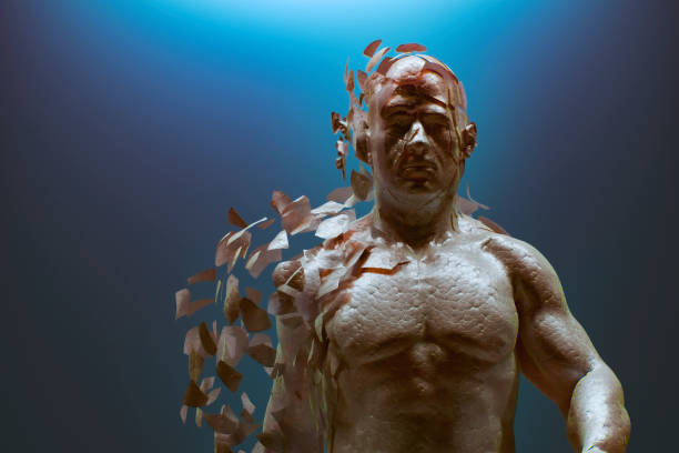 Disintegrating futuristic cyborg. 3D generated image.