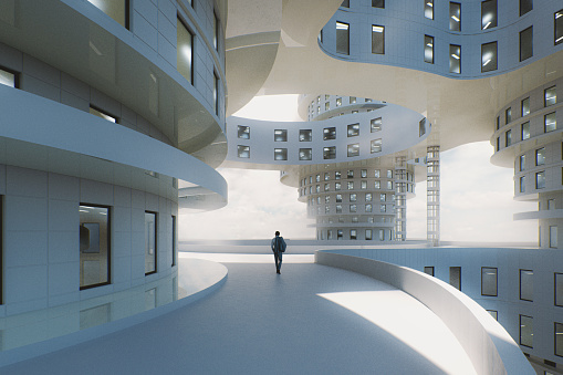 Man walking in futuristic office park. This is entirely 3D generated image.