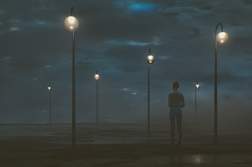 Young woman standing in wet dirt meadow at night. This is entirely 3D generated image.