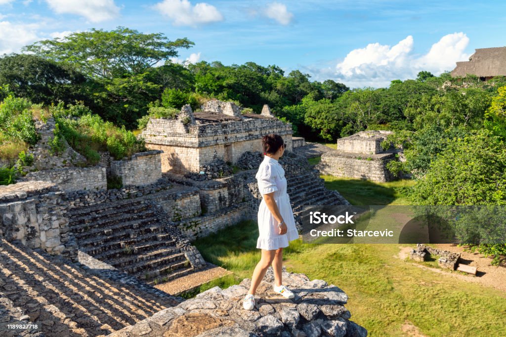 Tourist visiting Mayan ruins in Yucatan, Mexico Mexico Stock Photo