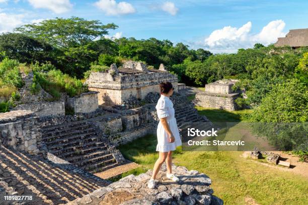 Tourist Visiting Mayan Ruins In Yucatan Mexico Stock Photo - Download Image Now - Mexico, Cancun, Mayan Riviera