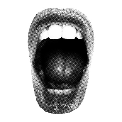 Wide open Halftone Female Mouth. Front view. Vector Isolated Object