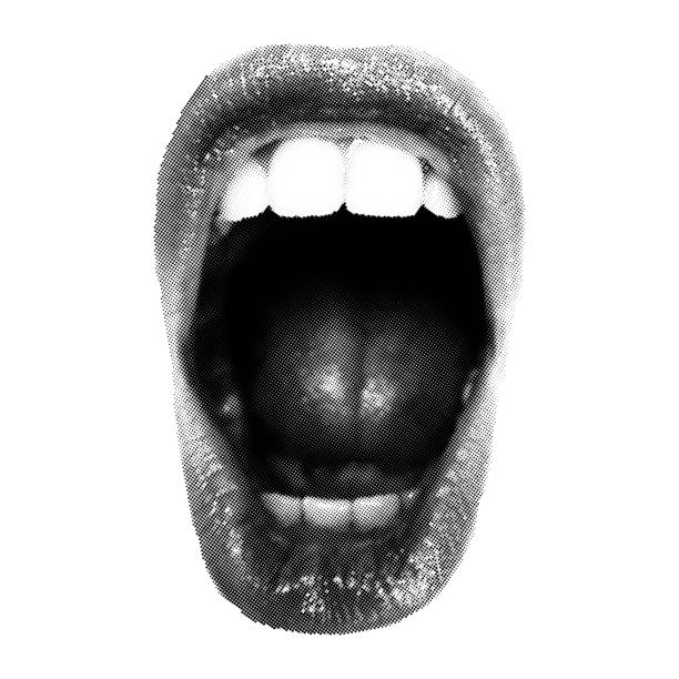 Wide open Halftone Female Mouth. Front view vector art illustration