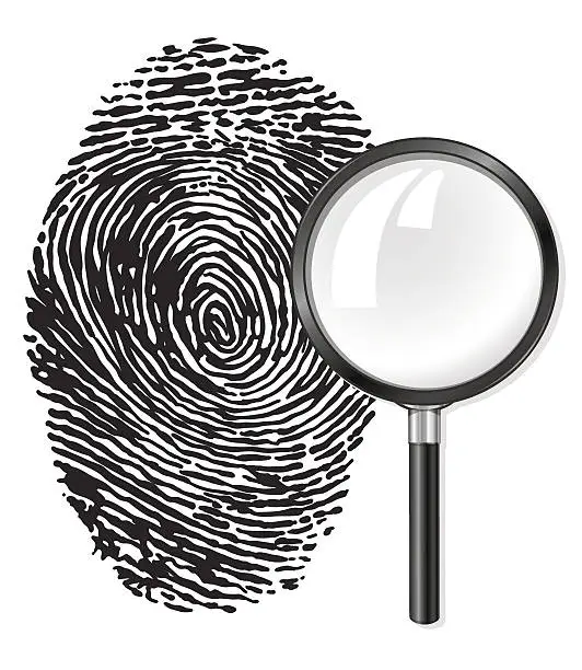 Vector illustration of black fingerprint and magnifying glass loupe