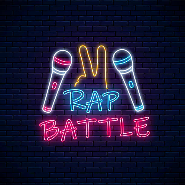 illustrazioni stock, clip art, cartoni animati e icone di tendenza di rap battaglia neon segno con due microfoni e yo gesto. emblema della musica hip-hop. design pubblicitario del concorso rap - microphone stage music popular music concert