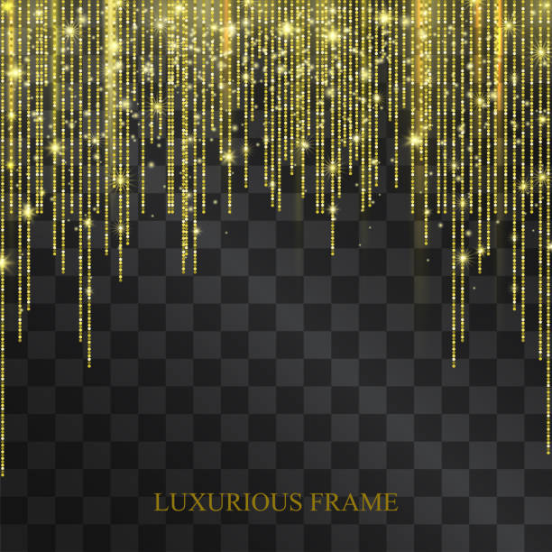 Luxurious neon golden glittering tinsel frame with shining confetti. Glowing lacy decorative garland for sumptuous design, expensive festive concept. Curtains arch for invitation posters, party flyer. Luxurious neon golden glittering tinsel frame with shining confetti. Glowing lacy decorative garland for sumptuous design, expensive festive concept. Curtains arch for invitation posters, party flyer. prom stock illustrations