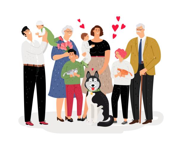 glückliche familie zusammen - grandmother standing senior women senior adult stock-grafiken, -clipart, -cartoons und -symbole