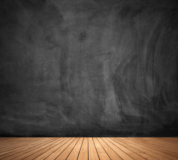 Black chalk board background wall texture with old vintage aged old wood perspective for advertise product on display stock photo
