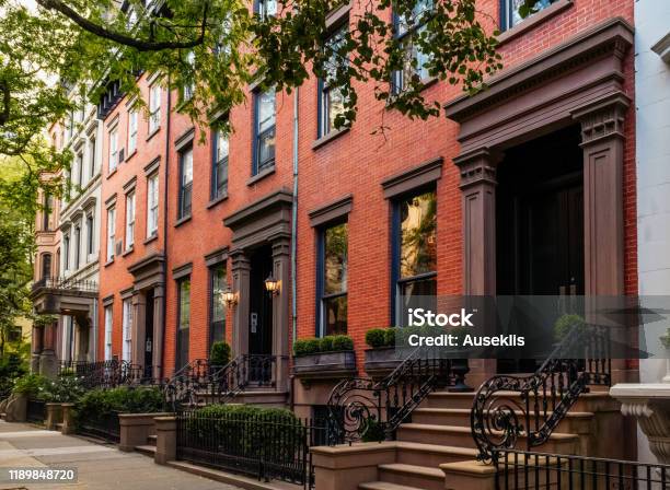 Brownstone Facades Row Houses At Sunset In An Iconic Neighborhood Of Brooklyn Heights In New York City Stock Photo - Download Image Now