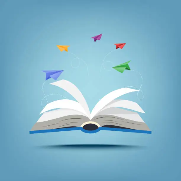 Vector illustration of 01.Open book and creative paper airplanes teamwork paper art style