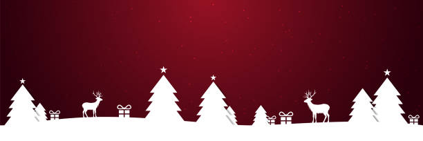 illustrations, cliparts, dessins animés et icônes de silhouette de paysage de neige d'hiver de noel avec des arbres et des rennes de noel sur le fond rouge d'étoiles - christmas winter december deer