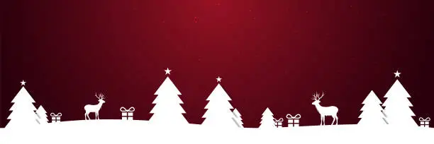 Vector illustration of Christmas winter snow landscape silhouette with christmas trees and reindeers on red stars background