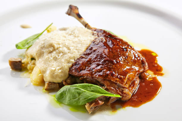 istock Duck leg with millet and hummus dish closeup 1189853095
