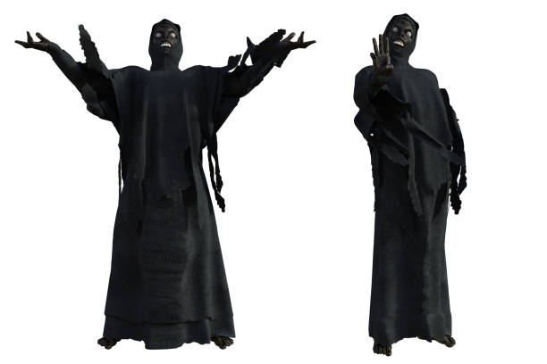Spooky black reaper/demon isolated on white, 3d render. Spooky black reaper/demon isolated on white, 3d render. katt halloween stock pictures, royalty-free photos & images
